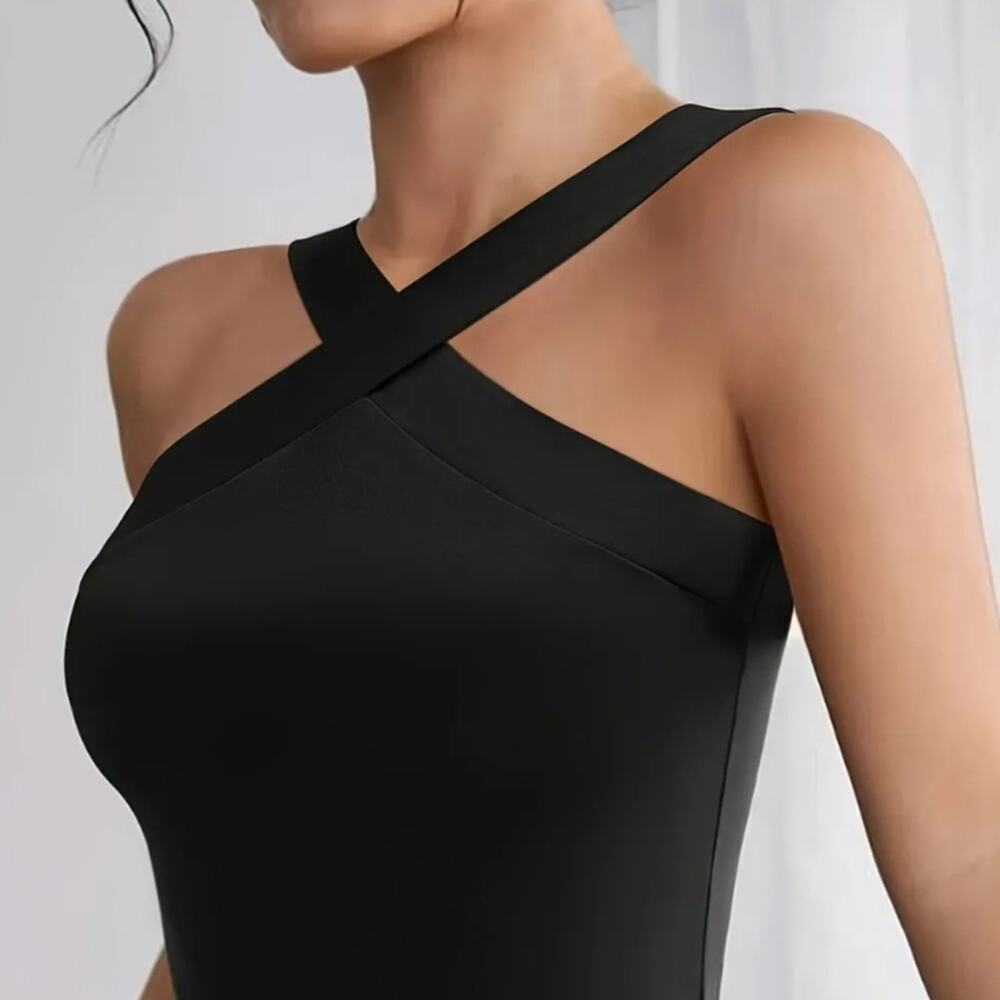 Sleek Black Asymmetrical Sleeveless Bodysuit
